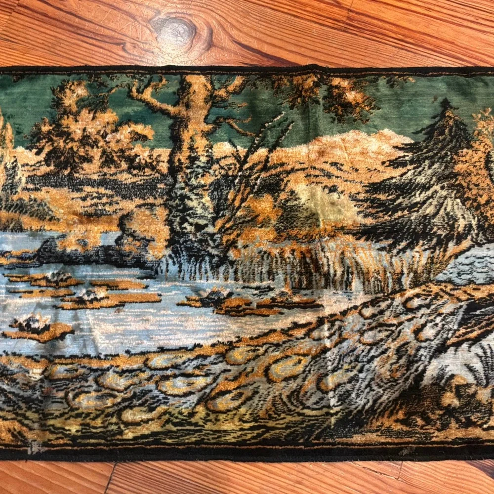 VTG Velvet Peacock Tapestry Wall Hanging Forest Landscape Fringed Whimsigoth EUC